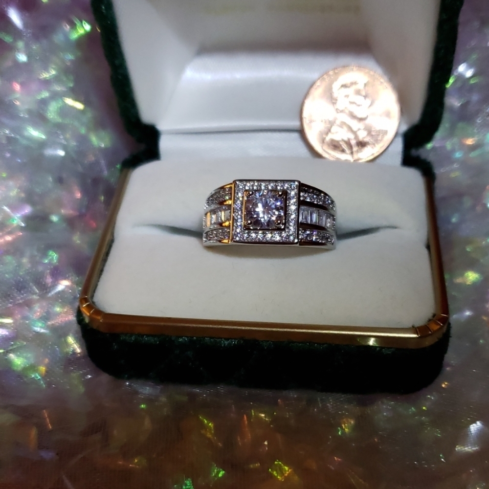 14K White Gold Sterling Silver Wedding Thick Heavy Masculine Ring Luxury - Picture 2 of 13